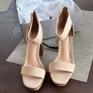 SOBEYO Beige Nude Ankle-Strap Block Heels